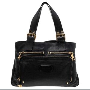 Black Leather Shoulder Bag with Gold Hardware